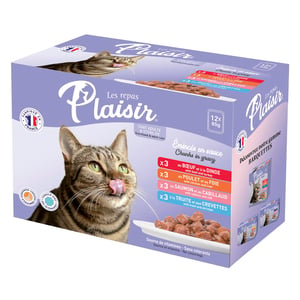 Plaisir Adult Cat Food Chunks in Gravy Beef & Turkey, Chicken & Liver, Salmon & COD, Trout & Shrimps 12 x 85 g